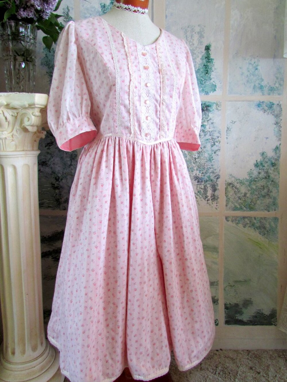 PINK FLORAL DRESS, L, VINTAGE GUNNE SAX STYLE, TEA PARTY, CHURCH, SWEET FEMININE